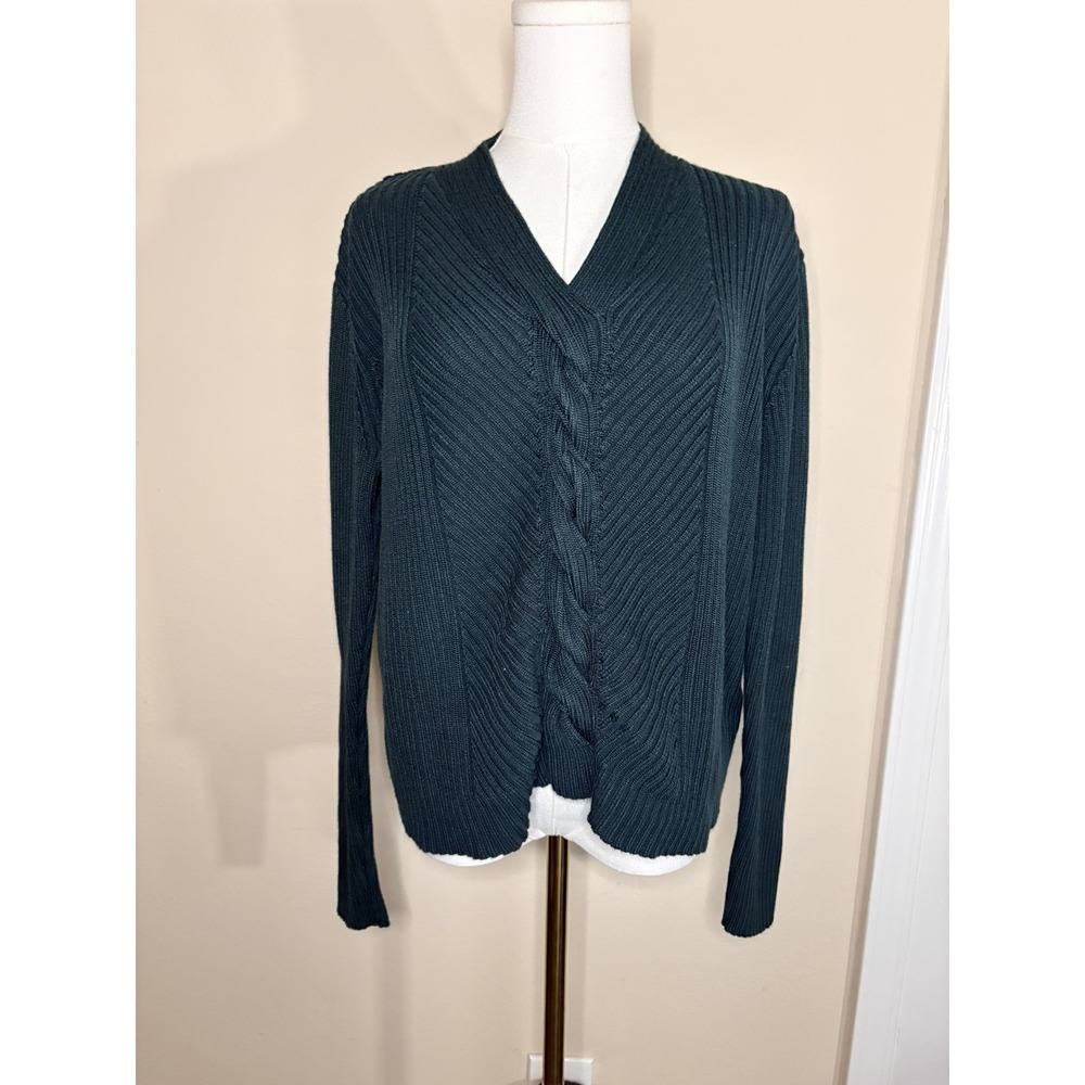 Lauren Ralph Lauren Sweater Womens XL forest Green Cable Knit V Neck Fisherman